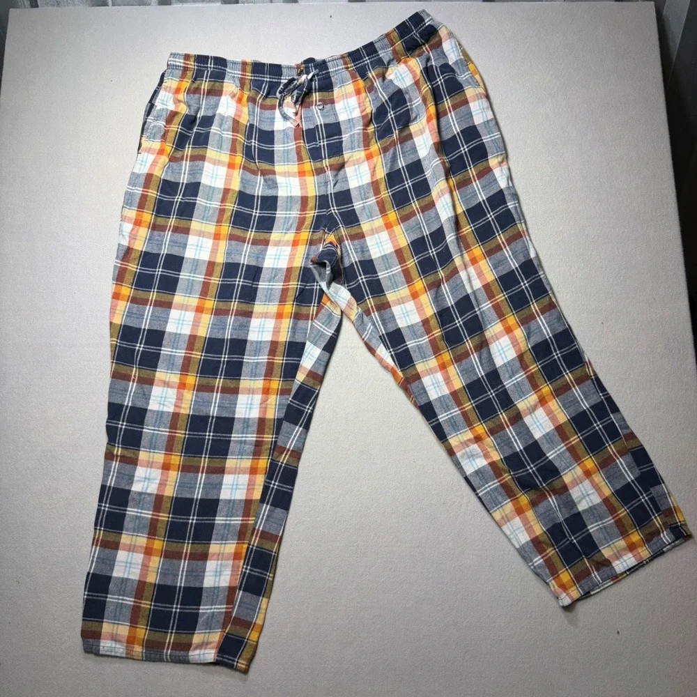 St Johns Bay Mens 2XL Pajama Pants Blue Orange Plaid Flannel Cotton Sleepwear